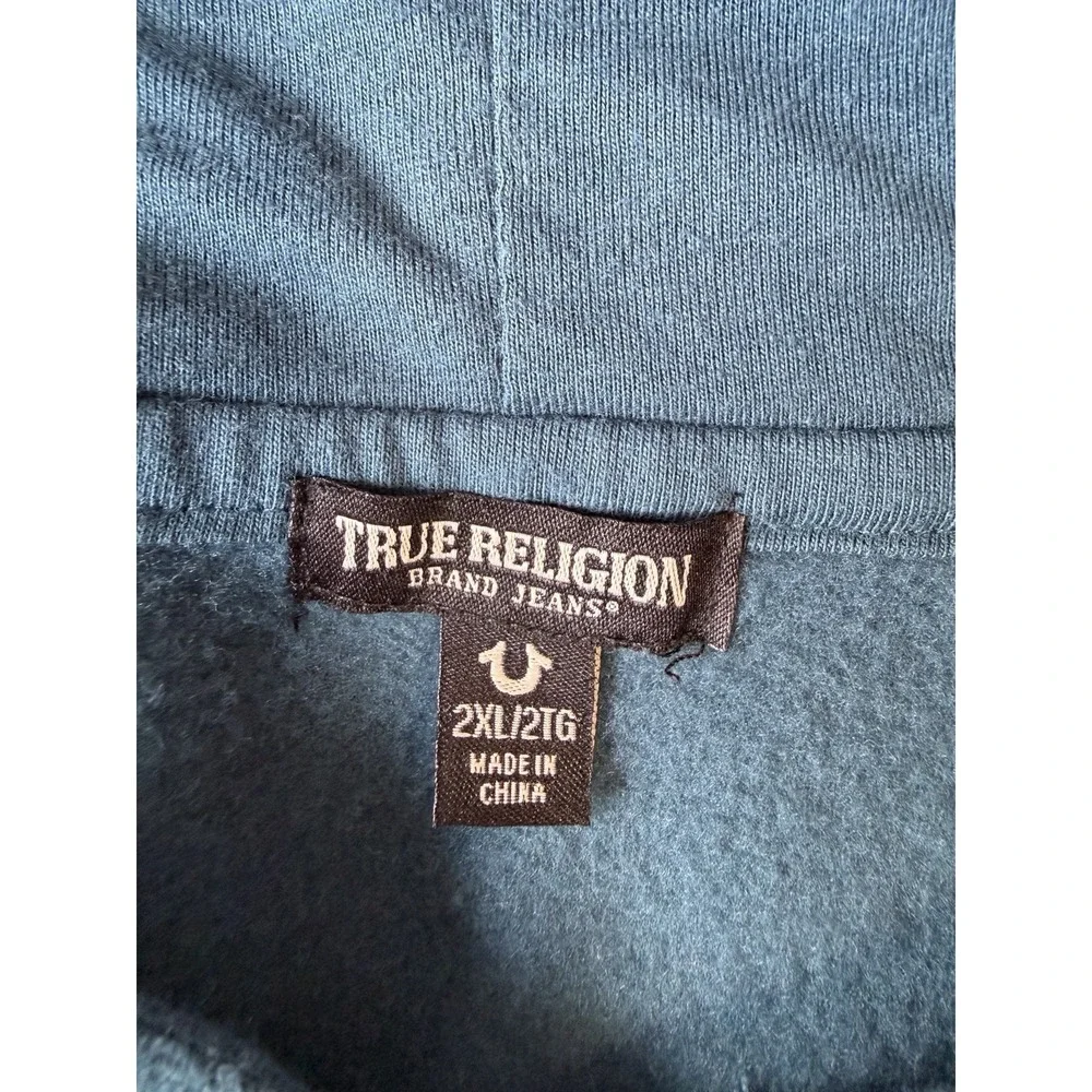 True Religion Men's XXL Blue Hooded Fleece Logo Hoodie Long Sleeve Buddha KE9